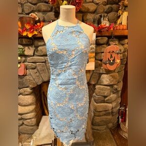 Just Me Light Blue Floral Lace Backless Dress